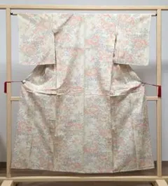 A◆着物くつろぎ 単衣 牡丹の花模様 クリーム色 綿 小紋 着物 71