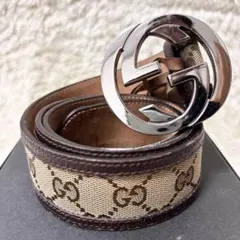 【美品】グッチ ベルト ベージュ ブラウン インターロッキング キャンバス