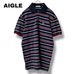 【エーグル】Sサイズ　半袖ポロシャツ　ボーダー　ロゴ　カジュアル　ネイビー