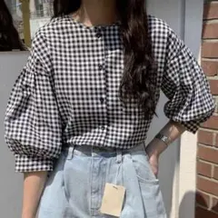 ギンガムチェックパフスリーブ ブラウス シャツ