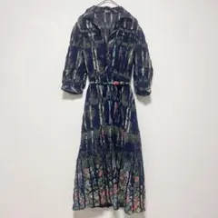 希少 ヴィンテージ 総柄シャツワンピース ティアード袖 ネイビー ボタニカル