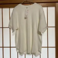 ユニクロ　ワッフルクルーネックT（五分袖）オフホワイト　L 409609