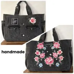 930.再販なし‼︎ グレーデニム　花柄　デニムリメイク トートバッグ　ジージャン