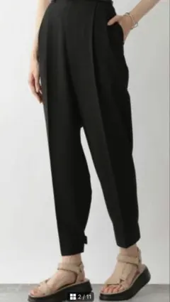 グローバルワーク タック入り 黒 ワイドパンツ リネンライク 2way