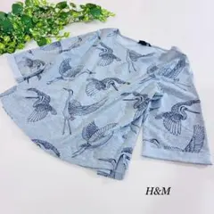 H&M 鶴総柄プリント半袖ブラウス グラフィックシャツ S グレー