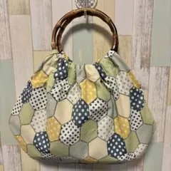 リンググラニーバッグ バンブー ヘキサゴン パッチワーク風 ドット 昭和レトロ