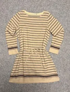 レトロ系 ボーダー 長袖 チュニック ウエストリボン ベージュ F