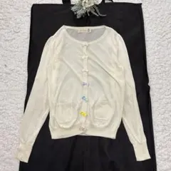 フランシュリッペ 長袖カーディガン 薄手 リボン ポケット 丸衿 やや透け感