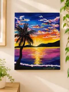 ハワイのサンセットを描いた風景画　F3号キャンバス　原画　一点もの　アクリル画 ハワイのサンセットを描いた風景画 F3号キャンバス 原画 一点もの