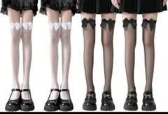 ニーハイソックス 2点セット レース リボン 白 ホワイト 黒 ブラックのサムネイル