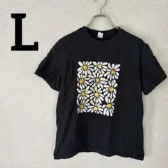 花柄 黒 Tシャツ 【L】100%コットン レディース トップス 半袖 古着