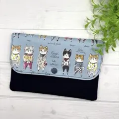 マルチケース♡おしゃれねこ柄　紺　お薬手帳　通帳