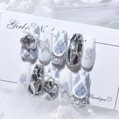 Ｎｏ．現品 ネイルチップハンドメイド 水色白埋めつくしチェック韓国リボンハート