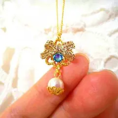 sale！✴️リボンとスワロフスキーとコットンパールのネックレス☆★*blue