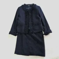 Pin'X　ツイード　ノーカラー　ジャケット　セットアップ　ネイビー　９号　Ｍ