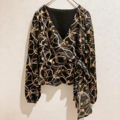 ジュンアシダ カシュクールブラウス 9号 バラ柄 ウエストリボン 黒 肩 