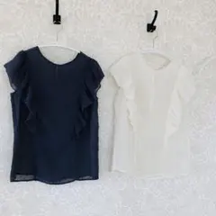 【新品】透け感有り　フリル付き半袖トップス パープル　ホワイト