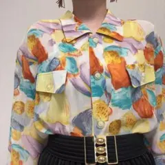 ヴィンテージ 昭和レトロ カラフル花柄 開襟ブラウス 赤 
