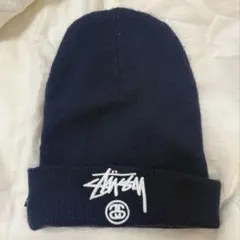 STUSSY ニット帽 ビーニー ネイビー 刺繍ロゴ