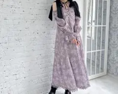 肩リボン花柄ロングワンピース パープル