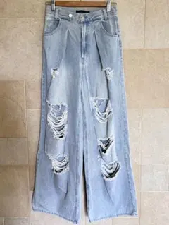 Heather ダメージ加工 ワイドレッグデニムパンツ