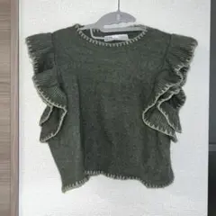 ZARA フリル付きニットベスト M オリーブグリーン