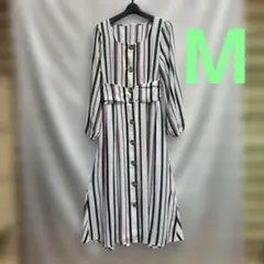 Mサイズ ゴムウエスト ストライプ ミディ丈ワンピース ボタン付き