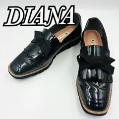 DIANAダイアナ ローファー ブラック リボン スクエアトゥ スタッズ 黒