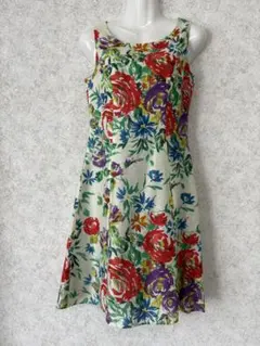 【シビラ】膝丈麻シルク混合花柄ワンピース M ノースリーブ Aライン 上品 春夏