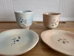雑貨店購入 和風陶器製 カップと小皿 食器和カフェセット花柄　湯のみ