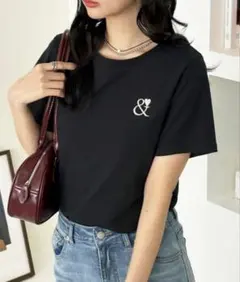 GeeRA 綿100％ハート刺繍ワンポイントＴシャツ 黒 XLのサムネイル