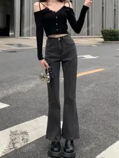 ダークグレー ハイウエスト ブーツカットデニム