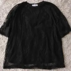 未使用 シーズンリーズン 黒 フラワーレース 五分袖カットソー Mサイズ