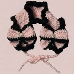 ヘッドドレス ピンク 黒 リボン イヤーマフ 【ハンドメイド】 編み物