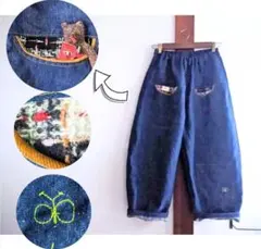 デニム ツィードポケットの ワイドパンツ ハンドメイド もんぺ エッグパンツ
