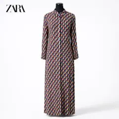 ZARA 幾何学柄 ロングワンピース ボウタイワンピ L