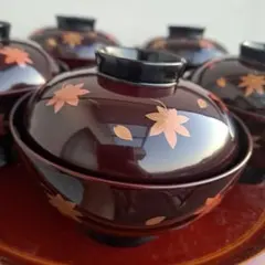 未使用】特選漆器 御吸物椀揃 五客 木箱入り 漆塗り 金彩 桜柄 懐石