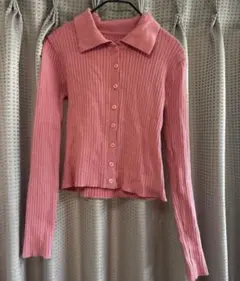 ピンクリブ編みシャツカラー長袖カーディガン