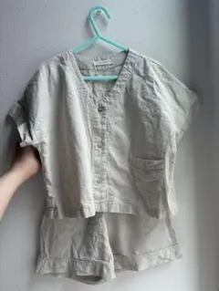 リネン 半袖 Vネック シャツ ベージュ　セットアップ　Sサイズ