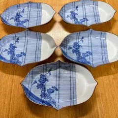 九谷焼　上出長右衛門　染付あさがお　7.5号皿揃　楕円皿　焼物皿　幅22.7cmのサムネイル