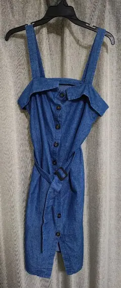 デニムブルー オフショルダーサロペット