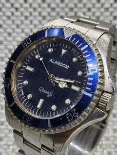 稼働品 ALANDOM クォーツ 腕時計 ブルー/シルバー 電池交換済