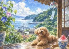 犬の油絵風アートポスター トイプードル 海辺の風景 犬の絵 A4