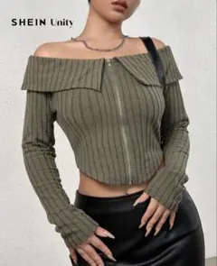 SHEIN Unity オフショルダー リブトップス カーキ M