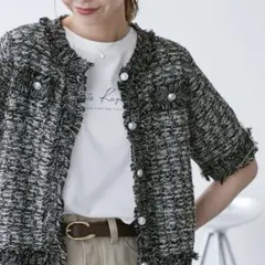 美品 ロペピクニック サマーツイード ハーフスリーブカーディガン 38 黒×白