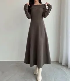 【CENEA】オフショル風スクエアネックロングニットワンピ L モカ