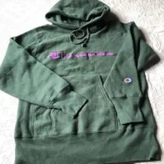 Champion グリーン フード付きパーカー M