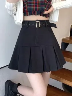 韓国　デニムスカート　ミニスカート　プリーツスカート　ベルト　黒　春夏秋　可愛い