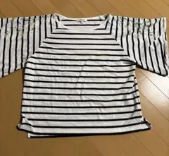 ストライプ 五分袖 Tシャツ　GLOBAL WORK ボーダー　L 刺繍デザイン
