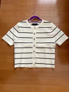 ZARA 新品ボーダー 半袖ニット カーディガン ゴールドボタン